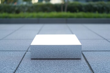 Poster - minimalist display stand: a clean, modern display stand, a cube, rests on a textured surface against