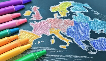 Poster - Colorful map of Europe drawn with crayons on a chalkboard educational concept