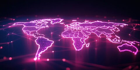 Poster - Global Connections: A digital rendering of the world map illuminated with vibrant neon lights, interlinked by glowing lines, conveying connectivity and global networks. 