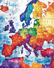 Poster - Colorful European map art on a textured wall background showing countries with varied color patterns and shades