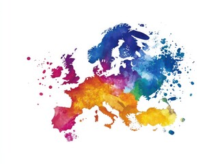Poster - Watercolor representation of the continent with a white background featuring vibrant splashes of color