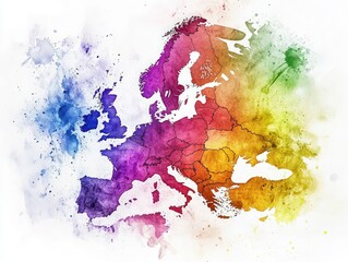 Poster - Colorful watercolor map of a continent with vibrant splatters and a white background representing diversity and unity