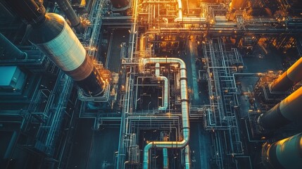 Poster - Complex Industrial Pipes: An overhead perspective showcases a mesmerizing network of interconnected industrial pipes, bathed in a warm, golden light.