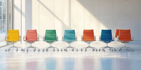 Poster - colorful chairs in a waiting room: a row of vibrant, modern chairs of different colors line a minima