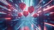 © Pianart - Red balloons float in neon-lit corridor; futuristic event backdrop