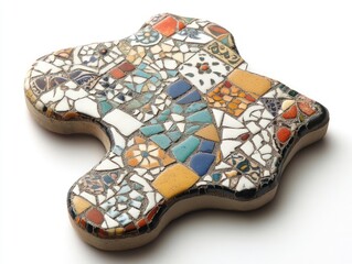 Poster - Close-up shot of mosaic tile piece with multiple colors arranged in abstract pattern on white background. Ceramic tile with irregular shape