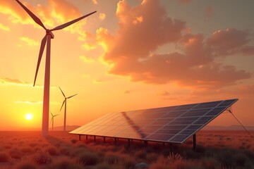 clean energy power concept solar panel with wind turbine and sunset.