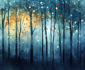 Poster - Autumnal Forest Fantasy: A magical and dreamy forest with tall, slender trees, touched by autumn hues and soft ethereal lighting. 