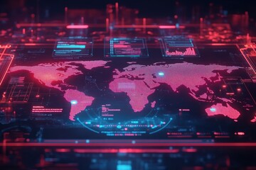 Poster - Global Data Analysis: A vibrant depiction of a digital world map, showcasing interconnected data streams and analytical interfaces.