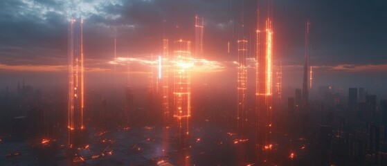 Poster - futuristic skyscraper cityscape at sunset digital art urban environment dramatic viewpoint
