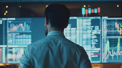 Poster - Data Analyst at Work: A determined data analyst, focused on financial charts, working late into the night, monitoring real-time stock market data