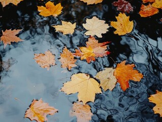 Wall Mural - autumnal serenity, deciduous leaves gently drifting on reflective water