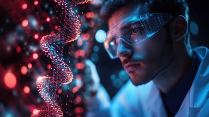 Poster - Scientific researcher analyzing dna structure in laboratory high-tech environment close-up view