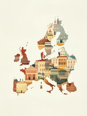 Poster - Illustration of European map with landmarks in soft color palette against light background
