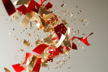 Poster - Confetti Cascade: Vibrant ribbons and confetti explode in a celebratory display, with hues of red and gold creating a sense of joy, excitement, and festive cheer.