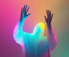 Poster - Mysterious Figure in Vivid Hues: An enigmatic individual draped in a flowing garment, their form illuminated by a spectrum of vibrant colors against a soft, ethereal backdrop.
