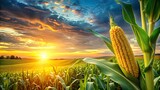 Sunset Cornfield, Unripe Corn, Green Maize, Agricultural Scene, Summer Harvest, Rural Landscape, Golden Hour Photography