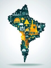 Poster - Geometric map illustration featuring iconic landmarks illuminated in vibrant orange and green hues against a bright background