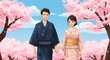 © faturlp24 - Couple Wearing Kimonos Holding Hands Under Cherry Blossom Trees Illustration