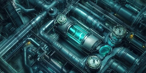 Poster - Industrial Reactor Core: An intricate network of pipes and conduits encases a glowing reactor core, emanating a sense of futuristic technology and industrial power.