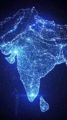 Poster - Glowing blue digital map of a country with connected dots and starry background symbolizing data and technology. Abstract representation of a country illuminated on dark background