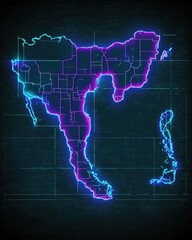 Aufkleber - Glowing map outline with neon colors and digital grid against a dark background