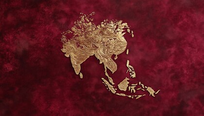 Poster - Close up textured map of Asia with gold outline over maroon background. Selective focus and high angle view