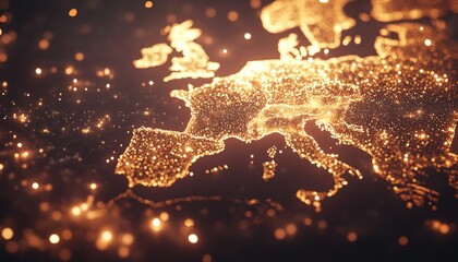 Poster - Glowing golden digital map of Europe with bright points of light and blurred background showcasing technological connectivity and data visualization