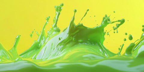Poster - vibrant green splash: a dynamic splash of bright green liquid explodes against a contrasting yellow 