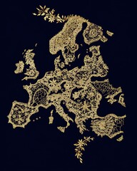 Poster - Golden map of Europe on a dark background composed of small golden dots creating a textured effect