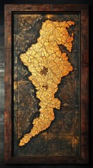Poster - Abstract artwork of a golden map-like shape against a textured dark metallic background within a wooden frame
