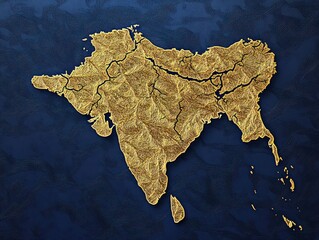 Poster - Artistic representation of the [object] continent rendered in a textured mosaic with gold and brown hues over a dark blue backdrop. Highly detailed design