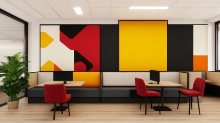 Poster - Modern office interior design featuring vibrant wall art and stylish furniture in a collaborative space
