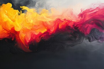Fototapete - Vibrant Smoke Swirls: An abstract dance of fiery hues, where yellow, orange, red, and black converge in a mesmerizing swirl of smoke, creating a visually stunning and dynamic composition.