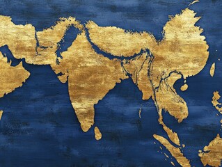 Poster - Gold colored world map detail on a dark blue background emphasizing the continents and their geographical details