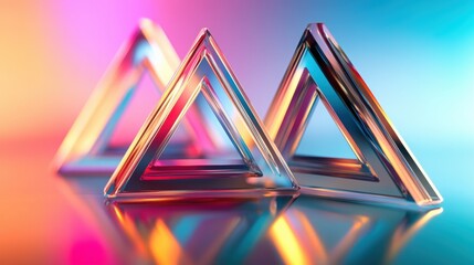 Poster - abstract geometric triangles: modern, artistic depiction of three metallic triangles set against a g