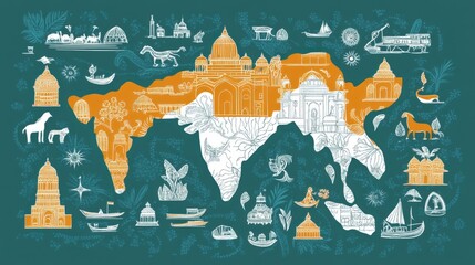 Poster - India map illustration featuring landmarks, architecture, and cultural symbols. The map is in orange and white on a teal background with various surrounding illustrations