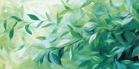 Poster - Emerald Canopy: A captivating artistic representation of vibrant green leaves on a branch, inviting the viewer to immerse in the freshness and serenity of nature's beauty.