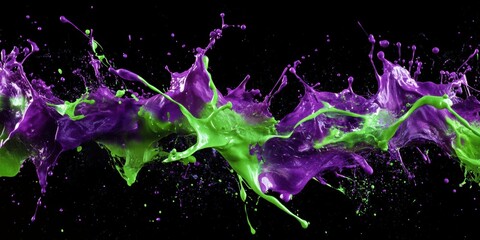 Poster - vibrant paint splash on black: an explosive burst of vivid green and purple paint creates a dynamic 