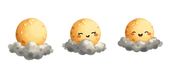 Poster - Three cheerful moons with smiling faces resting atop fluffy clouds.