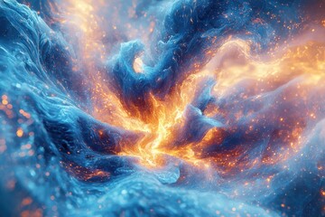 Poster - an epic collision of blue and gold energy swirls, creating a dynamic and mesmerizing abstract design