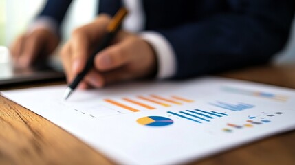  - Business professional analyzing financial graphs and charts on a desk with a laptop nearby