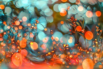 Poster - A whimsical garden of light: orange berries and teal bokeh blend in a dreamy, festive display that dances between fantasy and abstract reality, so beautiful
