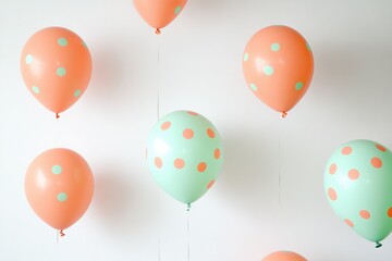 Poster - Floating Polka-Dot Balloons: A whimsical display of colorful balloons adorned with polka dots, gracefully suspended, adding a playful touch to any celebration or decorative setting.