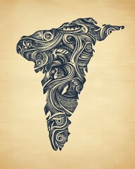 Poster - Intricate decorative design silhouette on textured background. Detailed pattern illustration with ornamental elements and dark blue color scheme