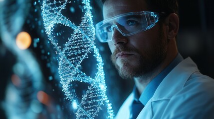 Poster - Innovative scientist analyzing dna data in high-tech laboratory digital environment close-up viewpoint