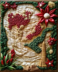 Poster - Textured artwork featuring intricate patterns with red floral elements and various shapes, presented on a rough cream colored background, showcasing craftsmanship and detail
