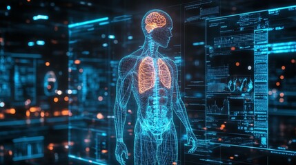 Poster - Futuristic visualization of human anatomy digital lab 3d model sci-fi environment side view health concept