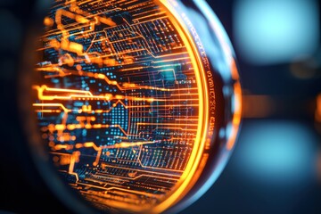 Poster - Abstract futuristic technology background displaying complex circuitry with glowing orange lines and blue patterns, signifying advanced digital innovation and interconnected networks.