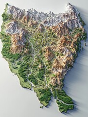 Poster - Isometric 3D map of a mountainous landscape with varied terrain in earth tones and green vegetation. The scene is lit with bright side lighting on a white background